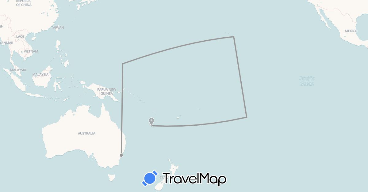 TravelMap itinerary: driving, plane in Australia, Micronesia, New Caledonia, French Polynesia, United States (North America, Oceania)